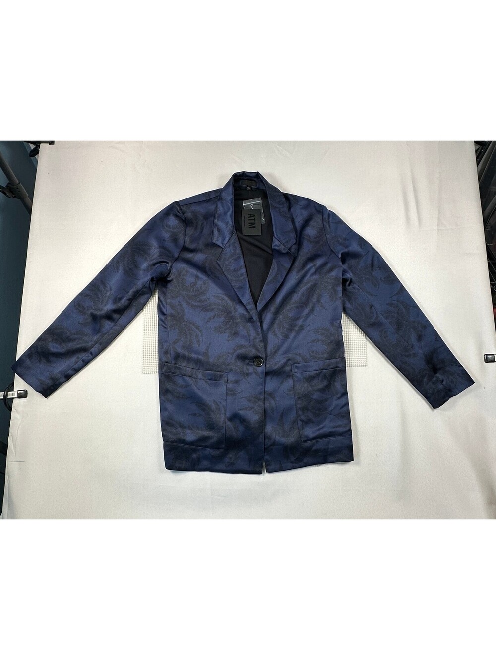 NWT ATM Anthony Thomas Melillo Satin Palm Print Blazer Jacket Deep Navy Small